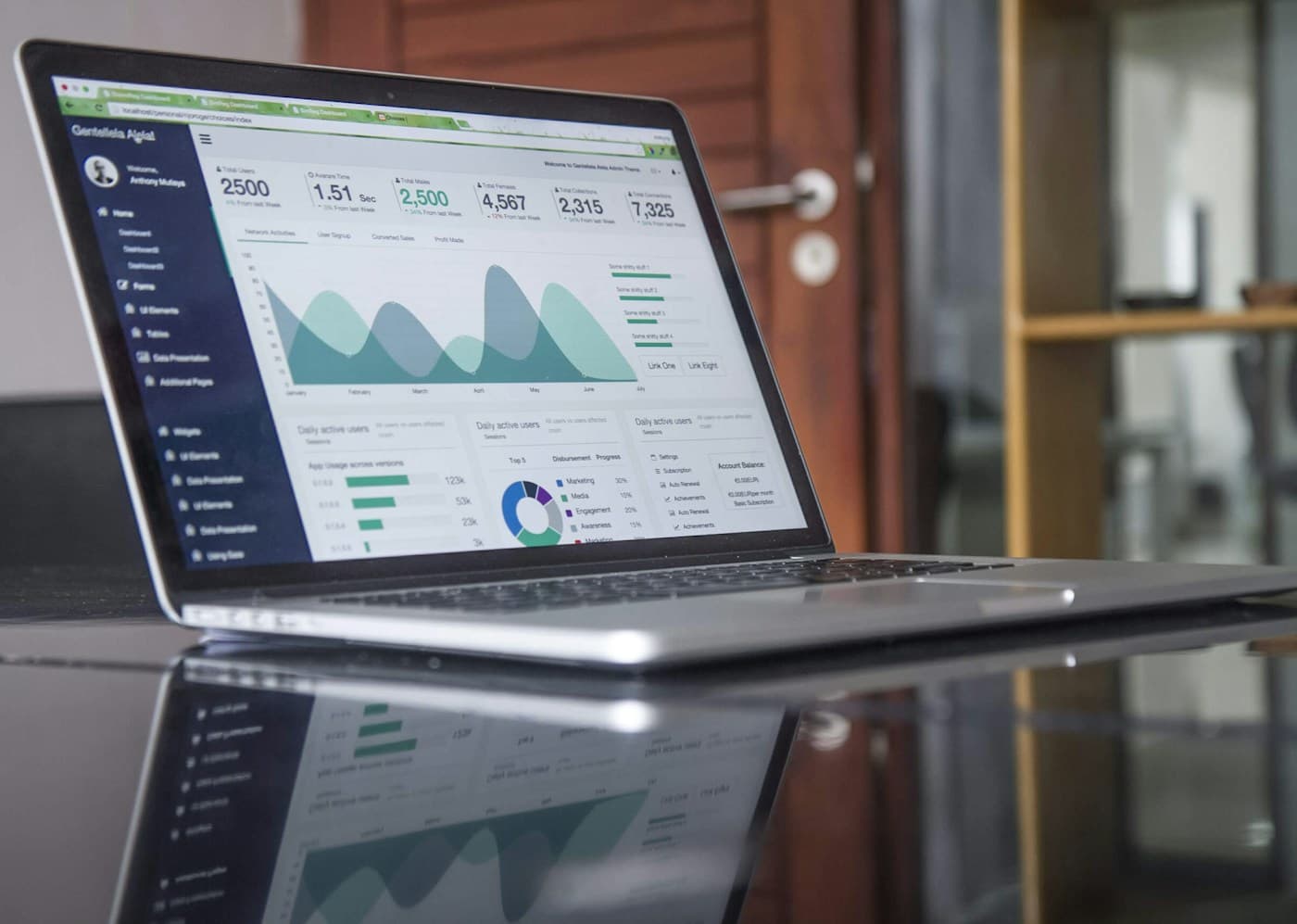 An open laptop on a glass table showing an admin dashboard of charts and user statistics.