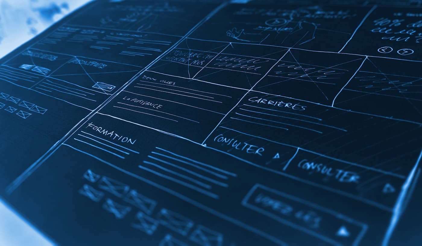 A hand-drawn website wireframe, white lines on dark blue paper, blocking out page sections and links.